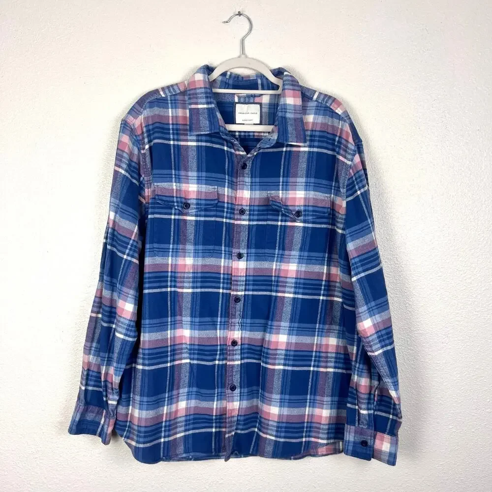 American Eagle Men's Super Soft Flannel Button Down Shirt XXL Blue Pink Plaid - Picture 1 of 7